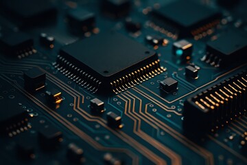 Obraz premium Close macro of circuit board with microchips traces and glowing indicators futuristic tech