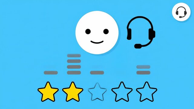 AI Chatbot Support: Bot Face Blinks, Waveform Pulses, Headset Aligns, Satisfaction Stars Fill Gradually