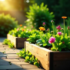 Wooden raised beds overflowing with plants, bathed in afternoon sun , wooden, nature