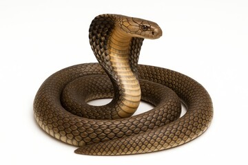 Fototapeta premium King cobra coiled with hood spread fine scales isolated on pure white studio background