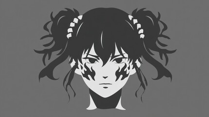 Stylized portrait of a woman with unique patterns and dark hair against gray background