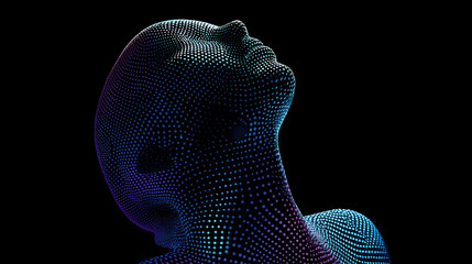 Abstract human head composed of glowing gradient dots digital portrait 3d render dark background futuristic concept data visualization