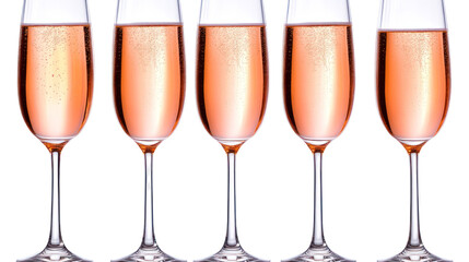 Five flutes of pink champagne isolated on transparent background