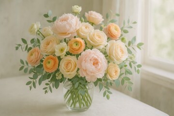 Lush bouquet of mixed flowers in soft daylight pastel petals and natural texture