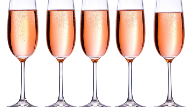Five flutes of pink champagne isolated on transparent background