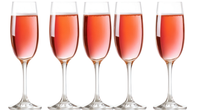 Five flutes of pink champagne isolated on transparent background