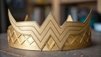 Gold crown headpiece with decorative geometric band and winged emblem evokes halloween pop culture hero style joyful accessory