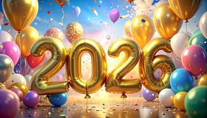 Festive balloons in a celebratory scene with the year 2026