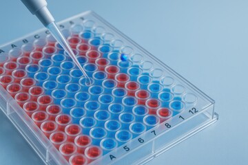Color coded samples in clear microplate pipetted in sterile lab with precise instrumentation