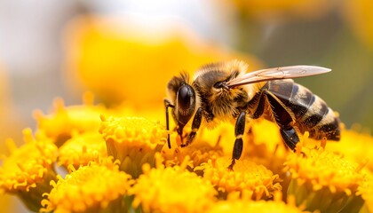 Close-up of a honeybee foraging on bright yellow flowers with a blurred background