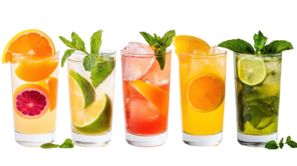 Five tall glasses of refreshing cocktails with fruit and mint isolated on transparent background