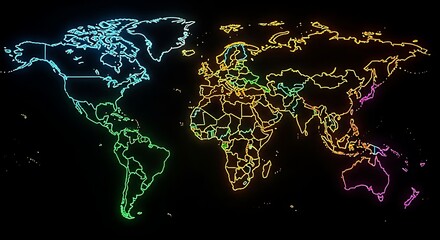 Colorful World Map Outline Glowing Neon Effect on Black Background.
