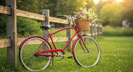 Fototapeta premium A classic, well-loved red cruiser bicycle with a wicker basket, leaning against a rustic wooden fence on a sunny summer day. A nostalgic and cheerful scene.
