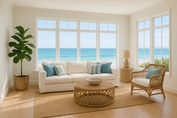 Fototapeta premium Sunlit coastal living room with panoramic windows airy decor and ocean inspired palette