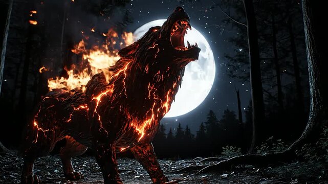 supernatural burning wolf howling under full moon