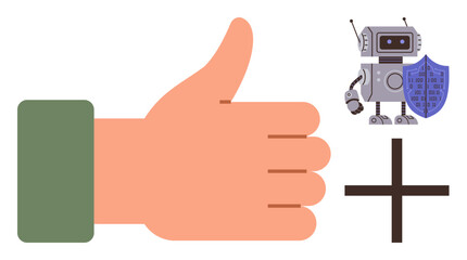 Hand gesture supporting robotic security with shield and plus sign, representing trust, safety, teamwork. Ideal for technology, cybersecurity, protection, robotics trust teamwork safety. Simple