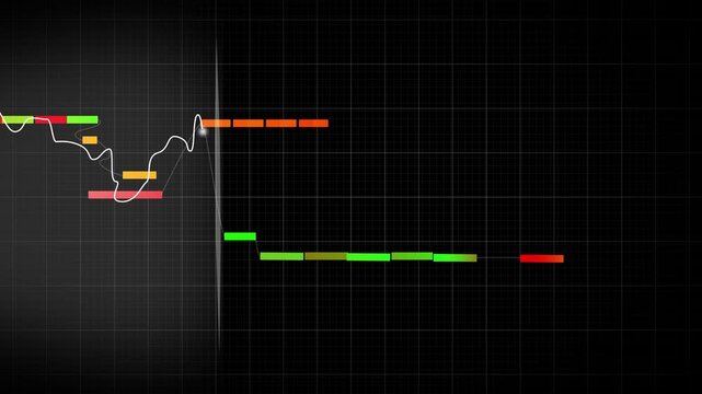 Abstract financial data visualization with colorful bars and fluctuating line graph on dark grid background representing market trends and analytics - Powered by Adobe