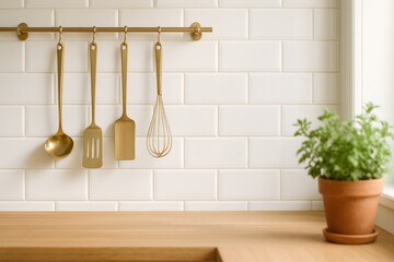 Elegant kitchen wall with brass utensils white tile backsplash and wood countertop