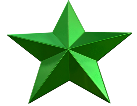 Tilted Green Star Icon with Metallic Embossed Finish, Perspective View, isolated on transparent background PNG
