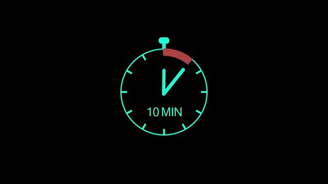 Minimalist cyan 10 minute timer stopwatch graphic on black background countdown timer concept video