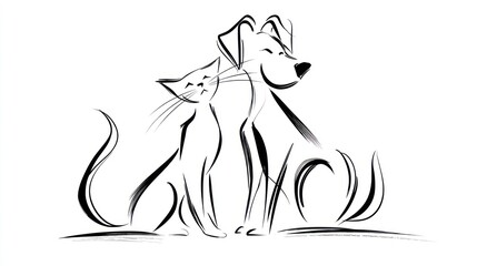 Friendly cat and dog line art illustration depicting animal companionship