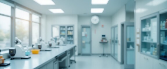 Blurred interior view of a modern research laboratory with scientific equipment on long workbenches and bright windows
