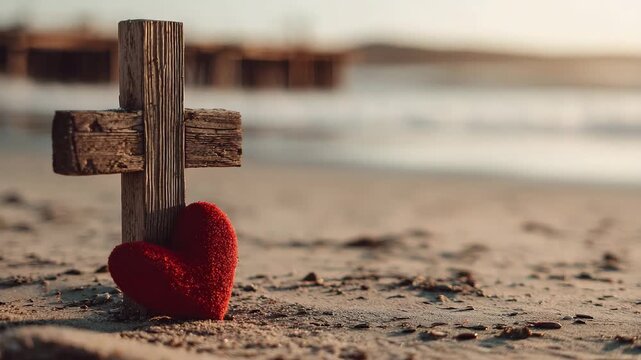 wooden cross and red heart on beach at sunset symbolizing love and faith