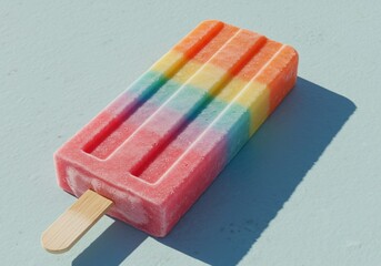 A Frosty Rainbow Popsicle Casting a Stark Shadow on a Minimalist Pastel Blue Surface.