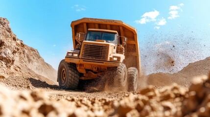 Powerful earthmover dominating a construction site with blue sky backdrop for extreme landscape