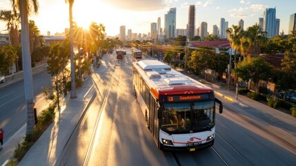 Urban mobility at sunset: a bus cruising through the sunlit city boulevard