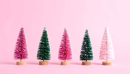 A minimalistic Christmas composition featuring a row of small bottle brush trees in alternating pink and green colors on a solid pastel pink background.