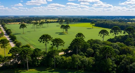 Lush green agricultural field with Araucaria trees scattered under clouds