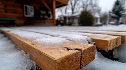 Winter's embrace: Snow-kissed wooden planks creating a serene and frosty outdoor scene