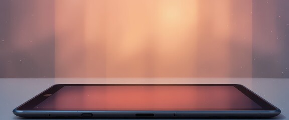 A digital tablet with a dark reflective screen rests on a light surface A warm glowing gradient background features