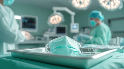 Surgical theater scene with focus on sterile environment, mask and tools preparation at hospital