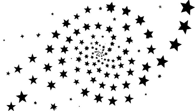 Black five-pointed stars form a spiraling galaxy-like pattern against a white background, fading towards the edge