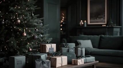Sophisticated holiday arrangement with elegantly wrapped presents and a decorated Christmas tree