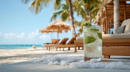 Refreshing mojito cocktail on a tropical beach, surrounded by palm trees and ocean views inviting