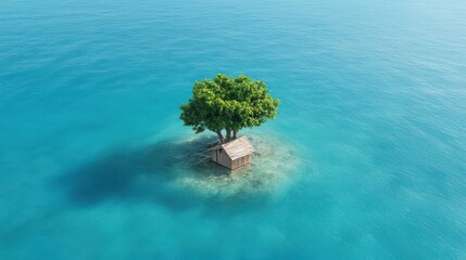 Solitary wooden retreat nestled beneath a vibrant tree on an idyllic island paradise in pristine