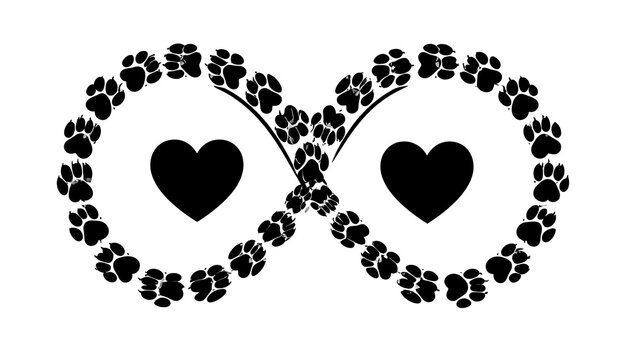 Black paw prints form an infinity symbol around two black hearts on a white background, a simple design