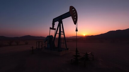 Silhouette of an oil pump jack against a vibrant desert sunset with mountainous horizon in distance