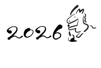 2026の数字を筆で書くかわいい馬の和風年賀状　2026 筆書き・書き初め　モノクロ