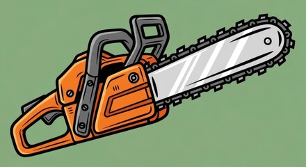 Fototapeta premium Orange chainsaw illustration against green background for woodworking design