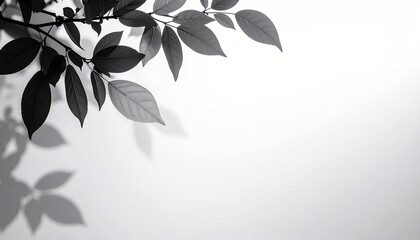 Dark leaves and branch in corner, creating shadows on a bright, white background