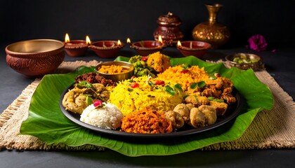 Delicious Diwali Feast Traditional Indian Food Thali Oil Lamps Festive Celebration