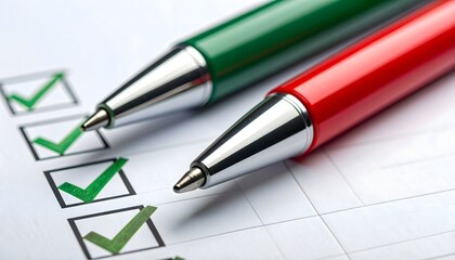 A close-up of a green pen and a red pen resting on a checklist paper, which has several boxes marked with large green check marks, symbolizing completion, approval, or task management.