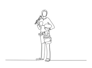 Female carpenter in single outline illustration. Continuous line art drawing of female engineer, industrial concept. Editable stroke.