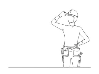 Female carpenter in single outline illustration. Continuous line art drawing of female engineer, industrial concept. Editable stroke.