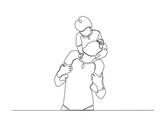 Happy father and son in single outline illustration. Continuous line art drawing of happy father having fun with son. Editable stroke.