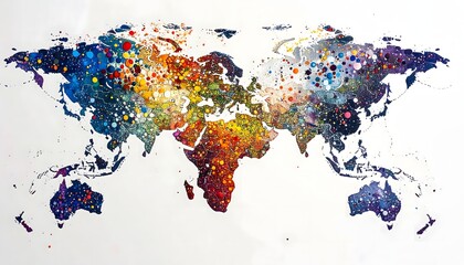 Fototapeta premium A highly artistic and abstract world map illustration created from a dense collection of colorful, overlapping dots and paint splatters on a white background.